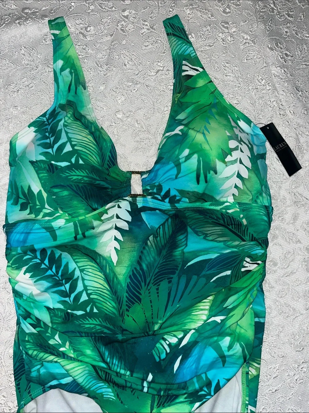 Ralph Lauren Teal & Green Tropical Leaf One-Piece Swimsuit - Picture 1 of 9